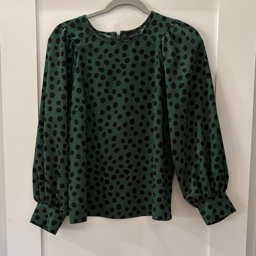 Who What Wear Dark Green Polka Dot Blouse